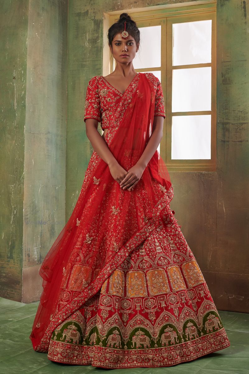 Red elephant motifs shaded lehenga by Tatwamm